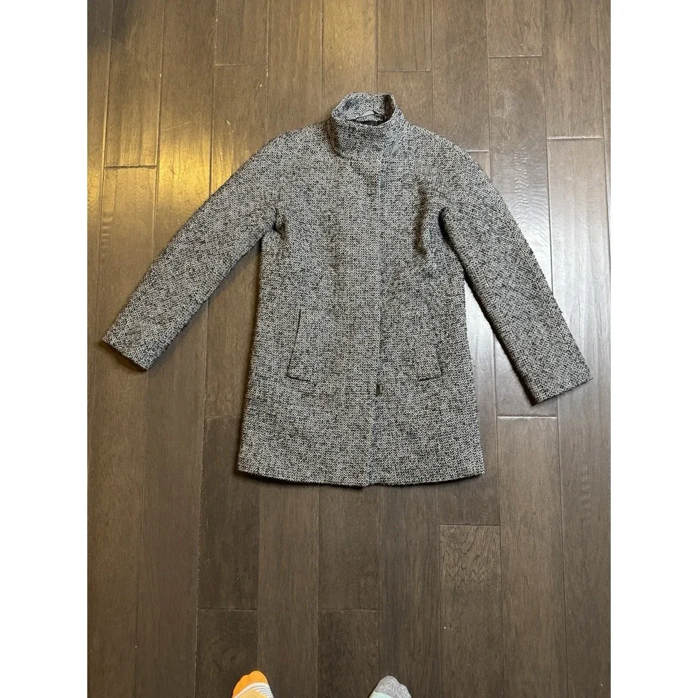 J Crew Tweed Coat Women Size 0 Black White Long Wool Blend‎ Walker Pea - Picture 2 of 13